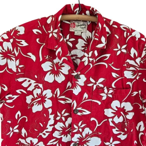 Vintage Hilo Hattie Mens Hawaiian Red Hibiscus Floral Aloha Shirt Small - Picture 3 of 7